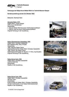 Bilderinfo der Fahrzeuge - Sonderausstellung der Rallye-Ikone Walter Röhrl 2022 - Das Technik Museum Speyer