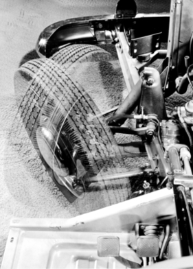 Borgward Hansa 1500 (1950) - Die Abbildung der Vorderaufhängung zeigt interessanterweise den grössten Radausschlag, der dem Fahrzeug enorme Wendigkeit verleiht. (1950)