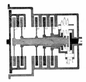 Borgward Isabella Hansamatic (1960) – Längsschnitt durch die Automatik mit zwei Kupplungen, drei Bremsscheiben und Planetengetriebe