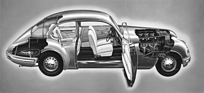 Bristol 401 (1951) - Durchsichtszeichnung zeigt unter anderem den Plattformrahmen, das Stahlgerippe (nach Methode Touring Superleggera) und die Unterbringung des Reserverads, aber auch das Belüftungssystem …