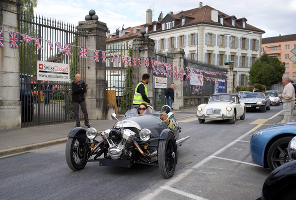 British variety - Morgan Three Wheeler, followed by MG A and Jaguar XJS - Swiss Classic British Car Meeting in Morges 2015