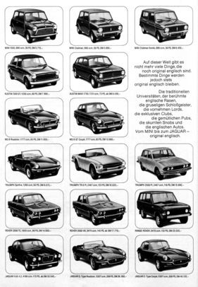 British Leyland Inserat im Jahr 1973 in Deutschland - MG B, MG B GT, Jaguar E-Type, Mini, usw.