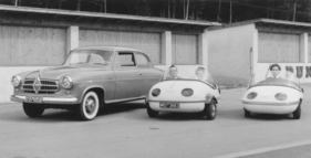 Brütsch Zwerg (1955) - Die Zwerg-Modelle sind mit einer Kunststoffkarrosserie versehen, ausserdem passt der Begriff "Zwerg" sehr gut, wie ein Grössenvergleich mit einem Borgward eindrücklich zeigt