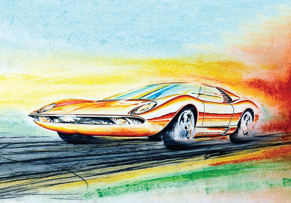 Bild Buch «Marcello Gandini - Maestro of Design» - Würde auch gerahmt an der Wand eine wundervolle Figur machen. Frühes Rendering des Lamborghini Miura auf einer Doppelseite