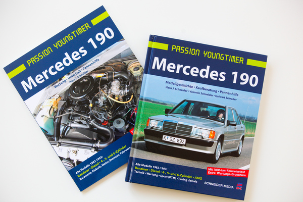 Bild Buch "Mercedes 190" aus der Reihe "Passion Youngtimer" - Cover der beiden Bücher