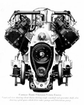 Cadillac Type 53 (1916) – Stirnseite des V8 ohne Steuerdeckel mit Blick auf die Steuerkette