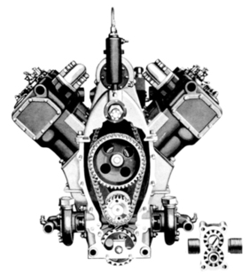 Cadillac V-8 Type 51 (1915) – Stirnseite des Motors mit Antrieb für Nockenwelle, Wasserpumpen und Ölpumpe
