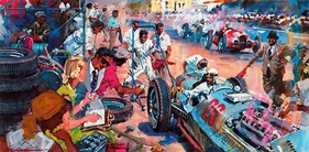 Caracciola beim Boxenstopp, Wimille und Nuvolari rasen vorbei, Neubauer und Uhlenhaut haben alles im Überblick. Darstellung von Walter Gotschke - Coppa Acerbo (1938)