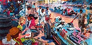 Caracciola beim Boxenstopp, Wimille und Nuvolari rasen vorbei, Neubauer und Uhlenhaut haben alles im Überblick. Darstellung von Walter Gotschke - Coppa Acerbo (1938)