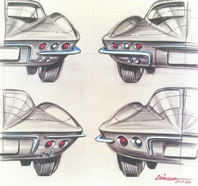 Chevrolet Corvette Sting Ray (1963) – verschiedene Varianten von Rückleuchten, Stossfänger und Auspuff, datiert auf März 1960