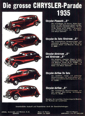 Chrysler Airflow (1935) - ganzseitiges Inserat für die aerodynamisch optimierten Chrysler und De Soto Fahrzeuge