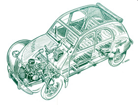 Citroën 2 CV (1952) - Technik sichtbar gemacht - Durchsichtszeichnung des 2 CV