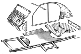 Citroen 2 CV (1952) - Skizze Chassisrahmen - der aus verschweissten Kastenträgern bestehende Chassisrahmen gibt dem Wagen die nötige Biege- und Drehsteifigkeit