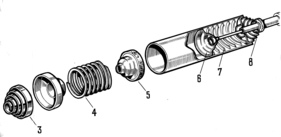 Citroen 2 CV (1952) - Skizze Federungsgehäuse - 3 vordere Ausgleichsfeder, 4 Druckplatte, 6-8 symmetrisch gebaute hintere Organe - das Gehäuse kann sich nach vorne und hinten bewegen