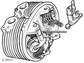 Citroen 2 CV (1952) - Skizze Zylinderkopf - einzigartig geformte Kipphebel für die Ventilsteuerung