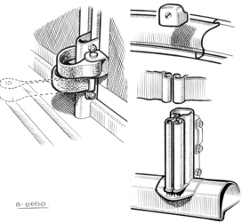 Citroen 2 CV (1952) - Skizze der Einzelheiten der Türen: links die Befestigung der biegsamen Türhalter, rechts Scharnierkonstruktion