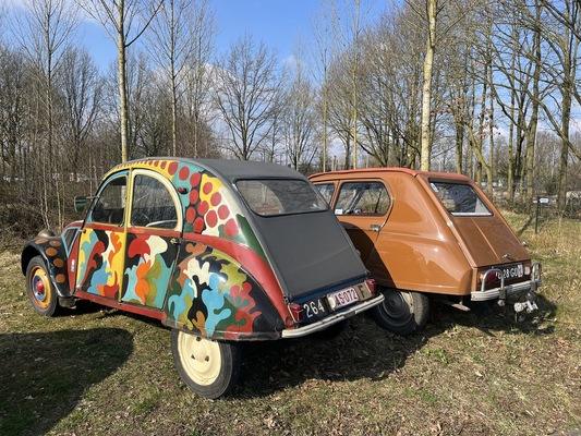 Citroën A-Markt in Liempde NL, 15. März 2025 – Citroën 2CV AZ (1959) – Ein tête-à-tête mit einer Dyane der ersten Serie