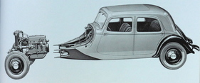 Citroën Légère von 1934 - Der Fahrschemel (Motor, Getriebe, Vorderachse) kann mit vier Schrauben montiert werden