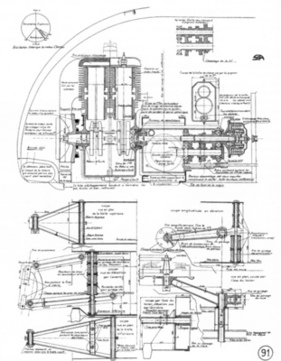 Claveau (1934) – Auszug aus dem bei der SIA eingereichten Konzept: Schnittzeichnung des Zweitakt-Zweizylinders und der Radaufhängungen mit Gummifedern