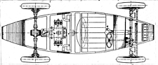 Claveau 7 CV Torpédo Sport (1926) – Die Aufsicht zeigt die Position des Vierzylinder-Boxers samt seiner Kühler sowie die Lage der 12-Volt-Batterie und der Federzylinder (zwei vorne und vier hinten)