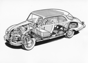 DKW 3=6 (1956) - Durchsichtszeichnung - die späteren 1000 S und 1000 SP basierten auf derselben technischen Basis
