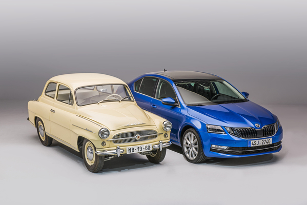 The picture shows a representative of the first Skoda Octavia generation from 1959 and the current model from 2018