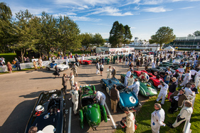Das Starterfeld im Paddock, Jochen Mass' Gullwing Mercedes sticht oben links sofort ins Auge - Freddie March Memorial Trophy - Goodwood Revival 2015