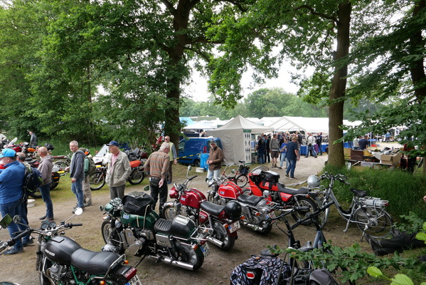 Der Motorradplatz wird von ehrwürdigen Buchen und Eichen verschattet – Bockhorner Oldtimermarkt 2024