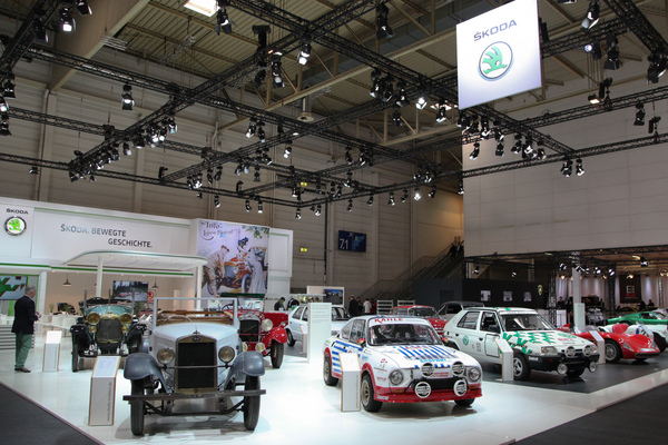 Image: The Skoda stand quotes from the brand's history - seen at the Techno Classica 2016
