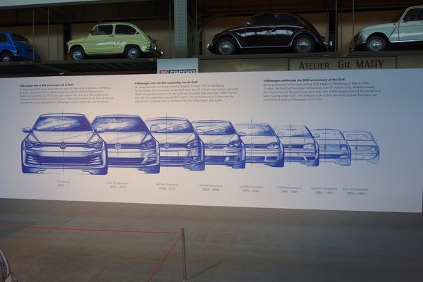 Die Ahnenreihe, von rechts nach links – Sonderausstellung "50 Years of Golf" in der Autoworld Brüssel