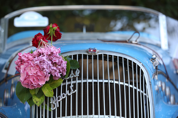 Die Blumen beim sportlichen Peugeot welken bereits ein wenig - am 40. Oldtimer-Meeting Baden-Baden 2016