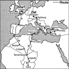 Die Karte mit der Rally-Route von London durch die Sahara nach München