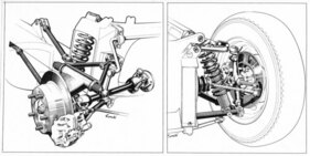 Die Radaufhängungen des Typs 904. Links die Hinterachse mit dem umgedrehten Dreiecksquerlenker, rechts die Vorderachse mit nach vorn gerichtetem Lenkhebel