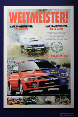 Die Rallye-Erfolge wurden 1995 in Inseraten werbetechnisch ausgeschlachtet - Sonderschau "40 Jahre Subaru in der Schweiz"