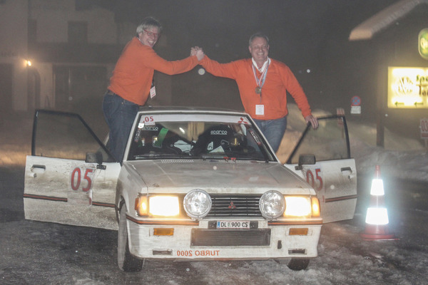 Die Sieger Schwab und Bauer auf dem Mitsubishi Lancer 2000 Turbo von 1979 - Teichalm Winterclassic 2018