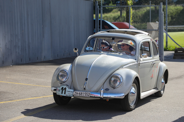 Image: The eventual winners of the women's classification and fifth in the overall standings, Team Rudolf/Odenius on VW 1200 (1961) before the start of the Swiss Classic World Rally - Swiss Classic World 2025