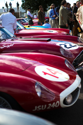 Die wartenden Ferrari des Lavant Cups, mit Nummer 14 ein 750 Monza (1957) - Lavant Cup - Goodwood Revival 2015