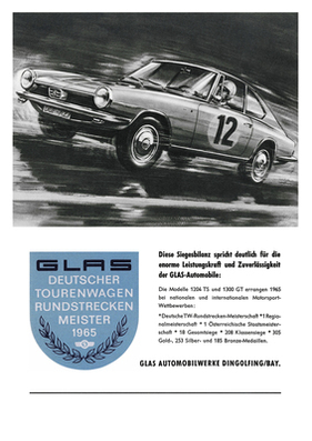 Dingolfinger GLAS-Bläser - Glas-Inserat nach dem Gewinn der Deutschen Rundstrecken-Meisterschaft für Tourenwagen 1965