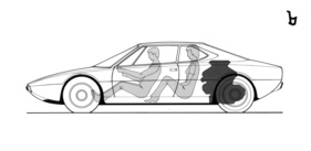 Dino 308 GT4 (1973) - Durchsichtszeichnung - Position der Passagiere und des Motors