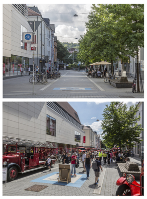 Direkter Vergleich: die Einkaufsstrassen waren ausnahmsweise auch an einem Sonntag gut gefüllt – Tübingen Classic Oldtimerfestival 2024