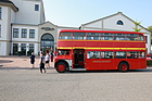 Bristol Lodekka double-decker bus (low decker), popular for intercity routes due to the lower roof and stepless boarding. Used as a shuttle in Safenwil - Oldtimer Grand Prix Safenwil 2025
