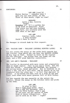 Drehbuchausschnitt - Aufrtitt des Cadillac Series 62 - aus dem Film "Pink Cadillac" von 1989