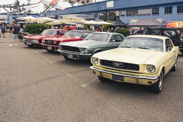 Three Mustangs and one Corvair at the US car meeting at the Technik Museum Sinsheim 2024