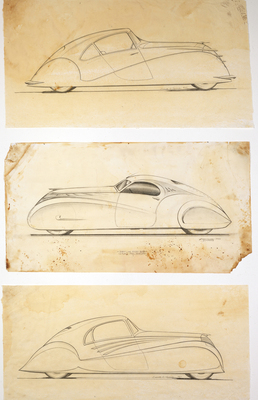 Duesenberg Coupé Simone (1939) – Entwurfszeichnungen von "Emmett B. Hardnock" und "Armand Minasian", die längst nicht so alt sind, wie sie tun