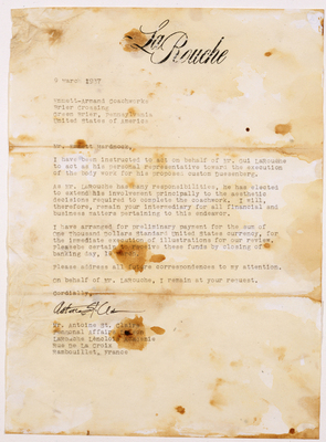 Duesenberg Coupé Simone (1939) – Vermeintlicher Brief des Sekretärs von Gui LaRouche betreffend der Zahlungsmodalitäten an die Firma Emmett-Armand