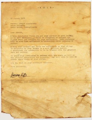 Duesenberg Coupé Simone (1939) – Vermeintlicher Brief des Spediteurs, der das Auto nach Europa verschiffen sollte