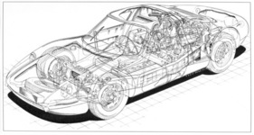 Durchsichtszeichnung eines Prototyps von Theo Page aus dem Jahr 1963. Gut zu erkennen sind die Lage von Ölkühler und Reserverad sowie die zwei Kreuzgelenke in der Lenksäule