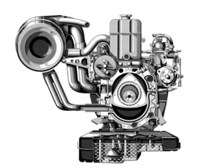 Ein Schnittmodell der K-Serie ab 1969 zeigt den höheren Lufteinlass mit Drosselklappe oben und die doppelwandige Auspuffführung unten