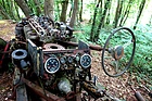 Einst ein Jaguar? Jetzt nur noch ein Fahrgestell mit Instrumenten - Autoskulpturenpark Neandertal