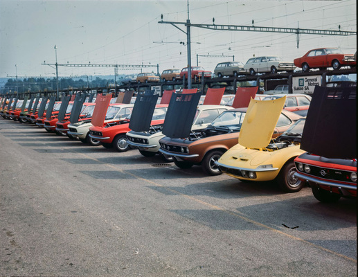 Colored new Opel cars in outdoor storage in the early seventies - special exhibition "Colors" at the Emil Frey Classic Center Museum 2023